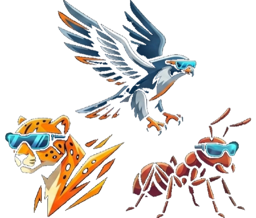 Gepard, Falke und Ameise als Sinnbilder für Umsetzung, Überblick und Zusammenarbeit